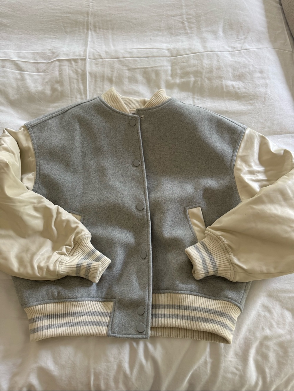 Good American Gray Wool-Blend Bomber with Cream Satin Sleeves